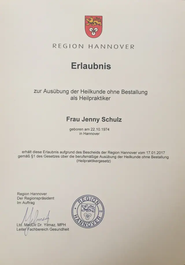Erlaubnis zu Ausübung der Heilkunde – Jenny Schulz