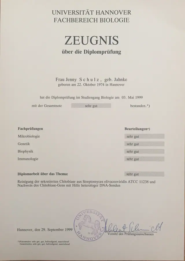 Zeugnis Biologie Jenny Schulz